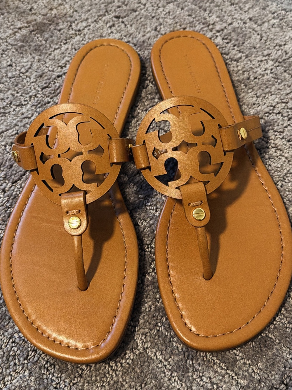 Tory Burch Cognac Leather Circular Logo Thong Sandals